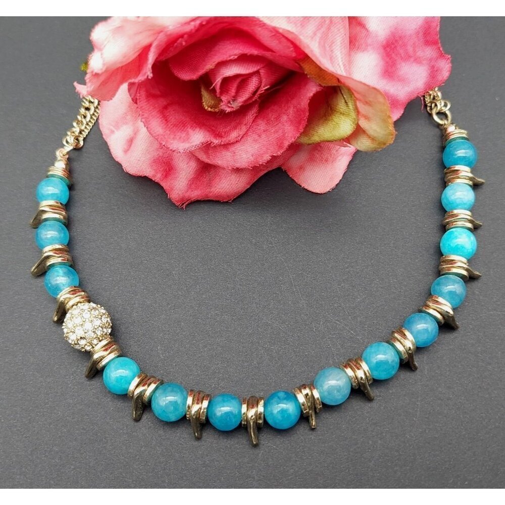 NWT Sequin Gold Tone & Blue Bead Collar Necklace Asymmetrical Paved Pendant 18"